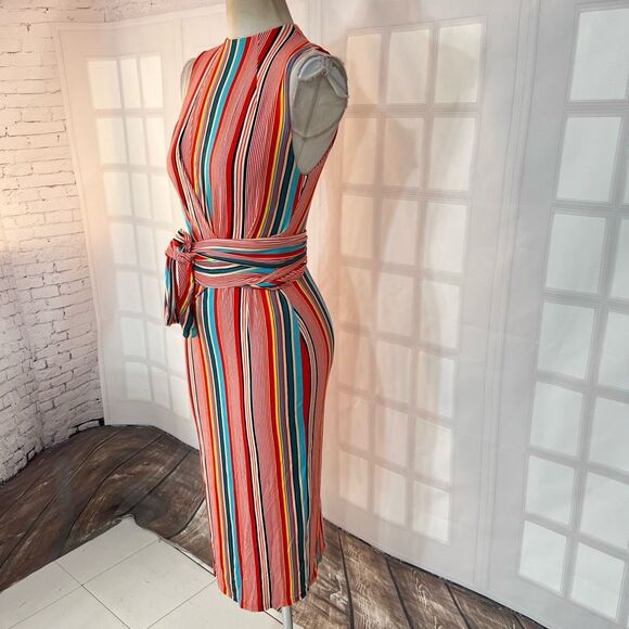 Alice & Olivia Delora colorful vertical striped wrap tie waist midi dress size 2 - Picture 8 of 16